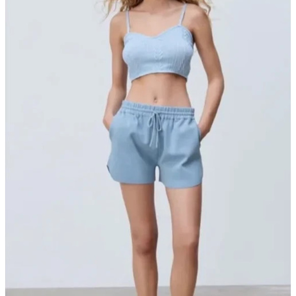 Zara Crop Tank Size Medium Light Blue Cable Knit Sweetheart Coquette Knit Top - Picture 6 of 7